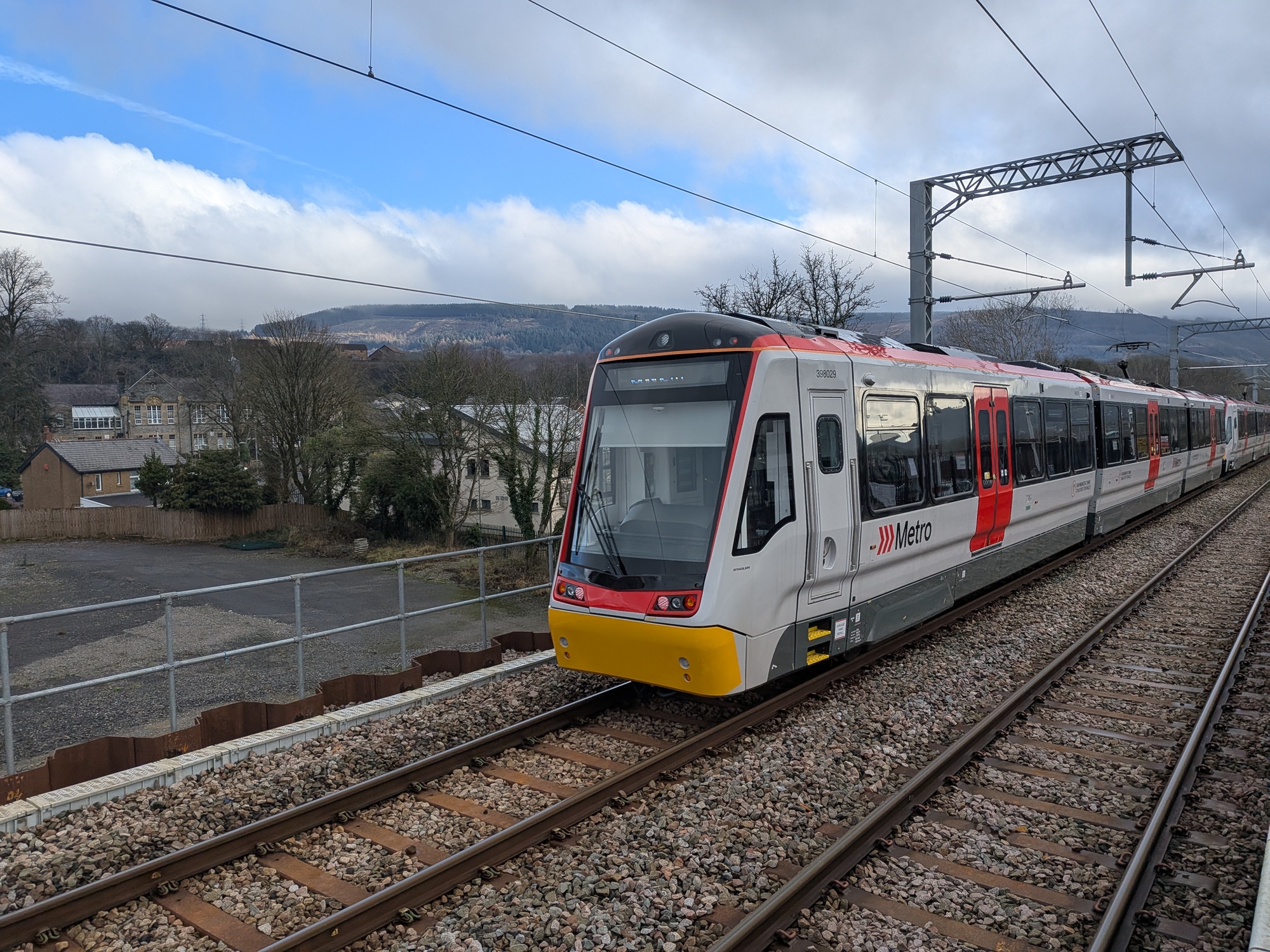 A tram train approaching Aberdare