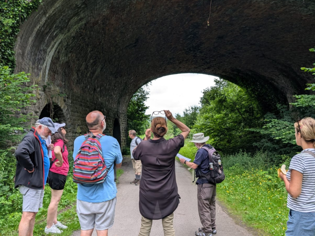 A group of people on a walk looking up at a bridge